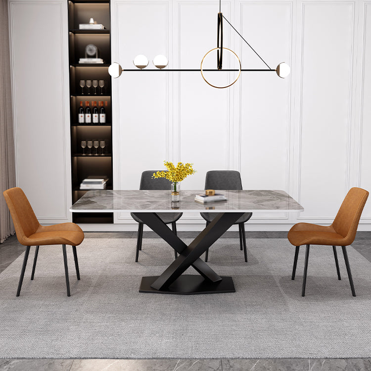 Stone Dining Room Collection Traditional Luxury Pedestal Casual Dining Table Light Gray-Black 70.9"L x 35.4"W x 29.5"H Without Chairs Clearhalo ' dining_table' 'Dining Tables & Seating' 'Dining Tables' 'furn' 'furn_dining_table' 'Furniture' 'furniture_dining_table' 'Kitchen & Dining Furniture' 'kitchen&dining_furn' 'kitchen' 'kitchen_dining_table' 4655167
