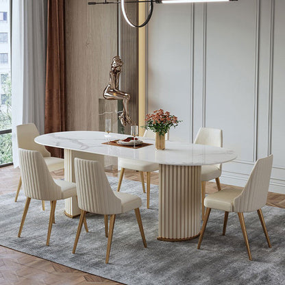 Metal Modern Oval Dining Table White Sintered Stone Top Table with Double Pedestal 51.2"L x 27.6"W x 29.5"H Without Chairs Clearhalo ' dining_table' 'Dining Tables & Seating' 'Dining Tables' 'furn' 'furn_dining_table' 'Furniture' 'furniture_dining_table' 'Kitchen & Dining Furniture' 'kitchen&dining_furn' 'kitchen' 'kitchen_dining_table' 4655993