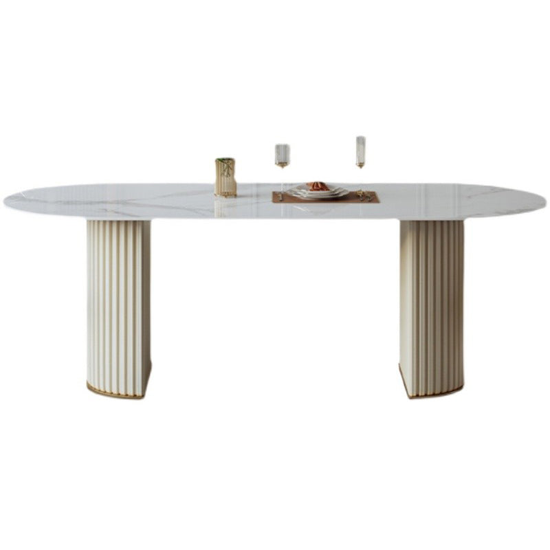 Metal Modern Oval Dining Table White Sintered Stone Top Table with Double Pedestal Without Chairs Clearhalo ' dining_table' 'Dining Tables & Seating' 'Dining Tables' 'furn' 'furn_dining_table' 'Furniture' 'furniture_dining_table' 'Kitchen & Dining Furniture' 'kitchen&dining_furn' 'kitchen' 'kitchen_dining_table' 4655997