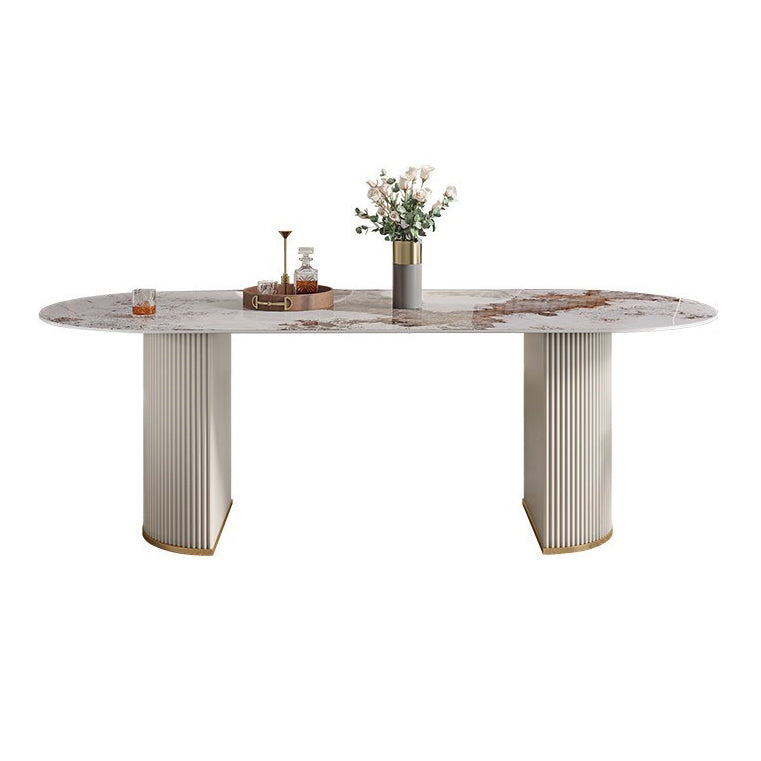 Oval Sintered Stone White Tone Dining Table Modern Double Pedestal Table for Dining Room Brown Without Chairs Clearhalo ' dining_table' 'Dining Tables & Seating' 'Dining Tables' 'furn' 'furn_dining_table' 'Furniture' 'furniture_dining_table' 'Kitchen & Dining Furniture' 'kitchen&dining_furn' 'kitchen' 'kitchen_dining_table' 4656021