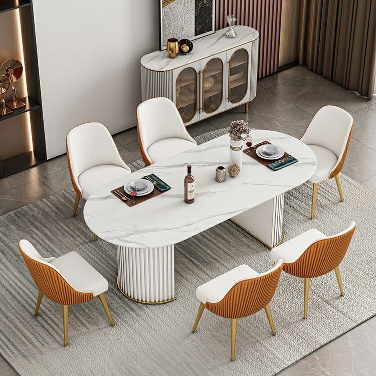Oval Sintered Stone White Tone Dining Table Modern Double Pedestal Table for Dining Room White 70.9"L x 35.4"W x 29.5"H Without Chairs Clearhalo ' dining_table' 'Dining Tables & Seating' 'Dining Tables' 'furn' 'furn_dining_table' 'Furniture' 'furniture_dining_table' 'Kitchen & Dining Furniture' 'kitchen&dining_furn' 'kitchen' 'kitchen_dining_table' 4656022