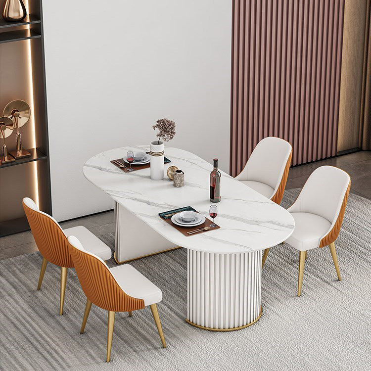 Oval Sintered Stone White Tone Dining Table Modern Double Pedestal Table for Dining Room White 63"L x 31.5"W x 29.5"H Without Chairs Clearhalo ' dining_table' 'Dining Tables & Seating' 'Dining Tables' 'furn' 'furn_dining_table' 'Furniture' 'furniture_dining_table' 'Kitchen & Dining Furniture' 'kitchen&dining_furn' 'kitchen' 'kitchen_dining_table' 4656023