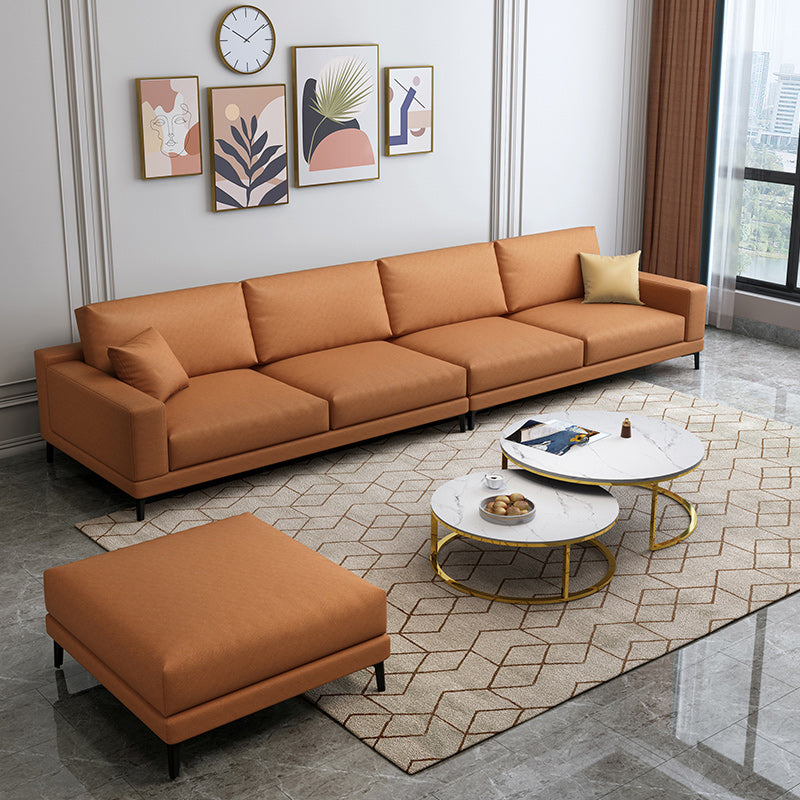 Loose Back Faux Leather Square Arm Sofa with Waterproof and Stain Resistant 124"L x 33"W x 35"H Orange Clearhalo 'furn' 'furn_sofas' 'Furniture' 'furniture_sofas' 'kitchen' 'kitchen_sofas' 'Living Room Furniture' 'Sofa' 'sofas' 4657381