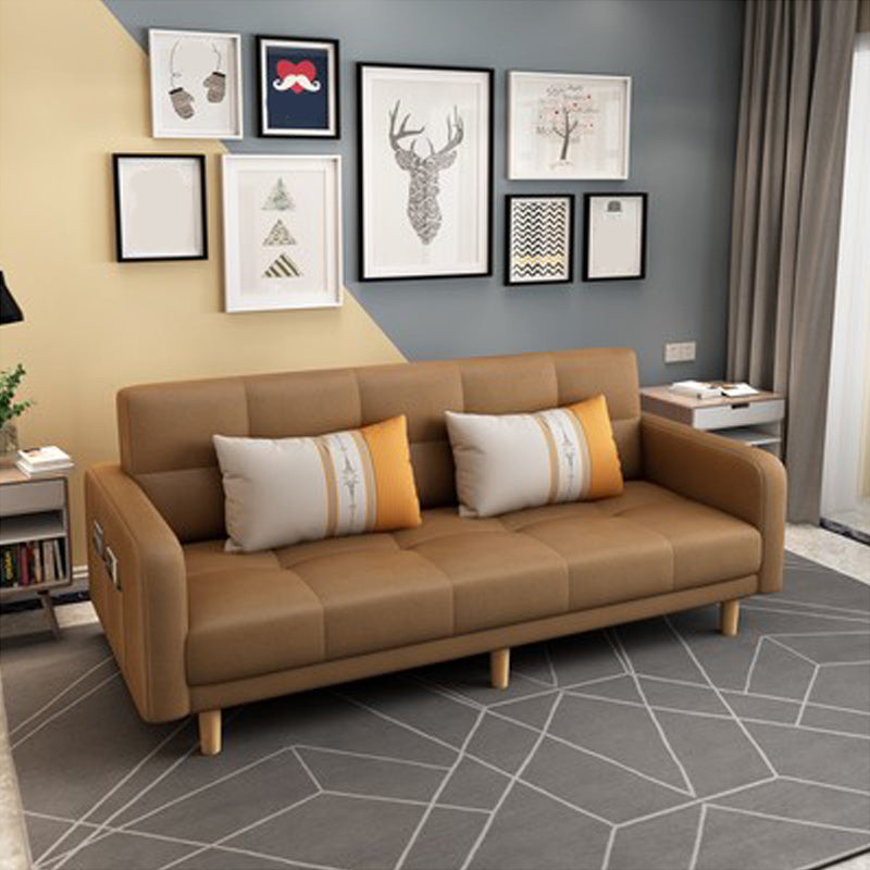 Foldable Biscuit Back Square Arm Modern Sofa with Convertible Sleeper Brown Faux Leather Clearhalo 'furn' 'furn_sofas' 'Furniture' 'furniture_sofas' 'kitchen' 'kitchen_sofas' 'Living Room Furniture' 'Sofa' 'sofas' 4657538