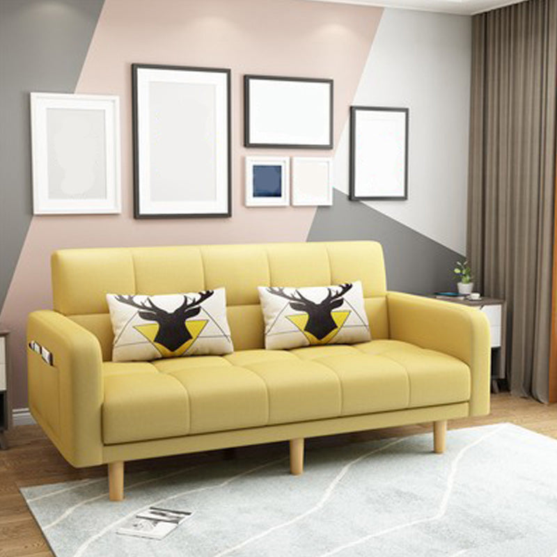 Biscuit Back Square Arm Modern Sleeper with Foldable Convertible Sleeper Light Yellow Faux Leather Clearhalo 'furn' 'furn_sofas' 'Furniture' 'furniture_sofas' 'kitchen' 'kitchen_sofas' 'Living Room Furniture' 'Sofa' 'sofas' 4657733