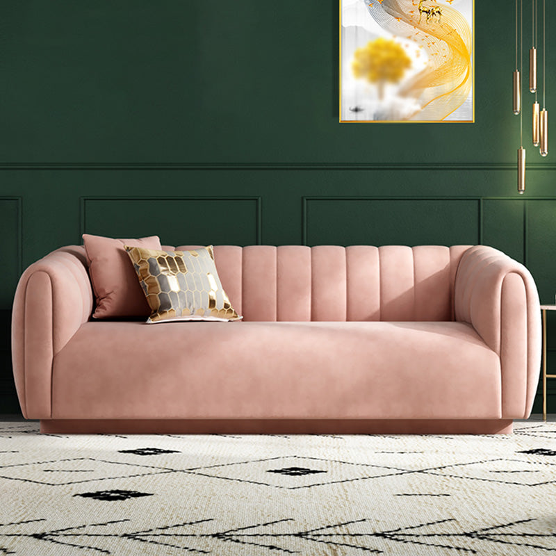 Nordic Sewn Pillow Back Sofa 31.5" High Velvet Tuxedo Arm Sofa 63"L x 33.5"W x 31.5"H Pink Clearhalo 'furn' 'furn_sofas' 'Furniture' 'furniture_sofas' 'kitchen' 'kitchen_sofas' 'Living Room Furniture' 'Sofa' 'sofas' 4657882
