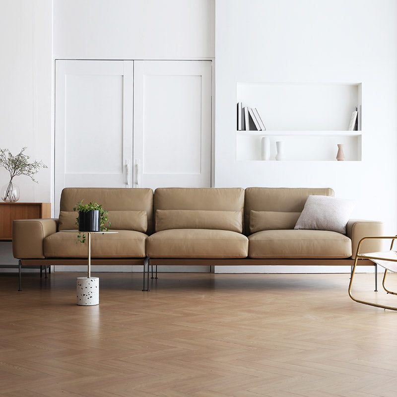 32" High Genuine Leather Square Arm Modern Sofa with Bolster Pillows, Brown 96.5"L x 39.5"W x 33.5"H Clearhalo 'furn' 'furn_sofas' 'Furniture' 'furniture_sofas' 'kitchen' 'kitchen_sofas' 'Living Room Furniture' 'Sofa' 'sofas' 4658140