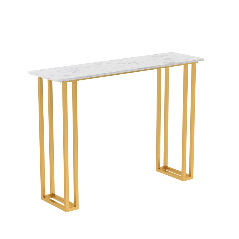 Glam Wood Pub Table with Rectangle Table Top Gold Sled Table - 41.3" H White-Gold Faux Marble Clearhalo 'Bar Furniture' 'Bar Tables' 'bar_tables' 'furn' 'furn_bar_tables' 'Furniture' 'furniture_bar_tables' 'Kitchen & Dining Furniture' 4664171