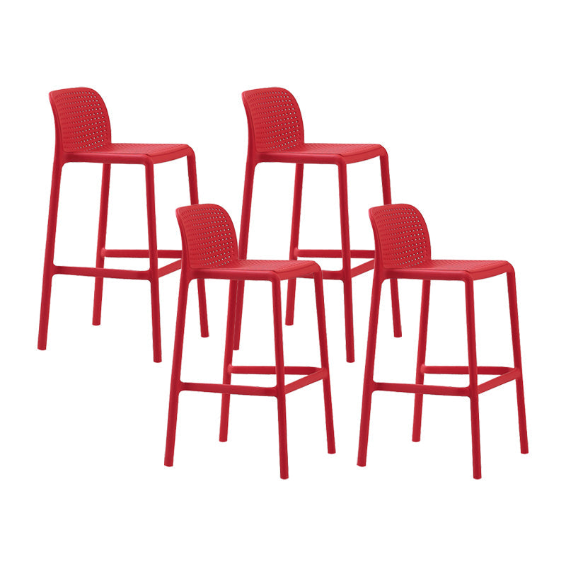 Scandinavian Plastic Kitchen Dining Room Stool Low Back Armless Bar Stool Red 4 Piece Set Bar Stool (28" H) Clearhalo 'Bar Furniture' 'Bar Stools' 'bar_stools' 'furn' 'furn_bar_stools' 'furniture_bar_stools' 'Kitchen & Dining Furniture' 'kitchen&dining_furn' 'kitchen' 'kitchen_furn' Furniture' 4665281