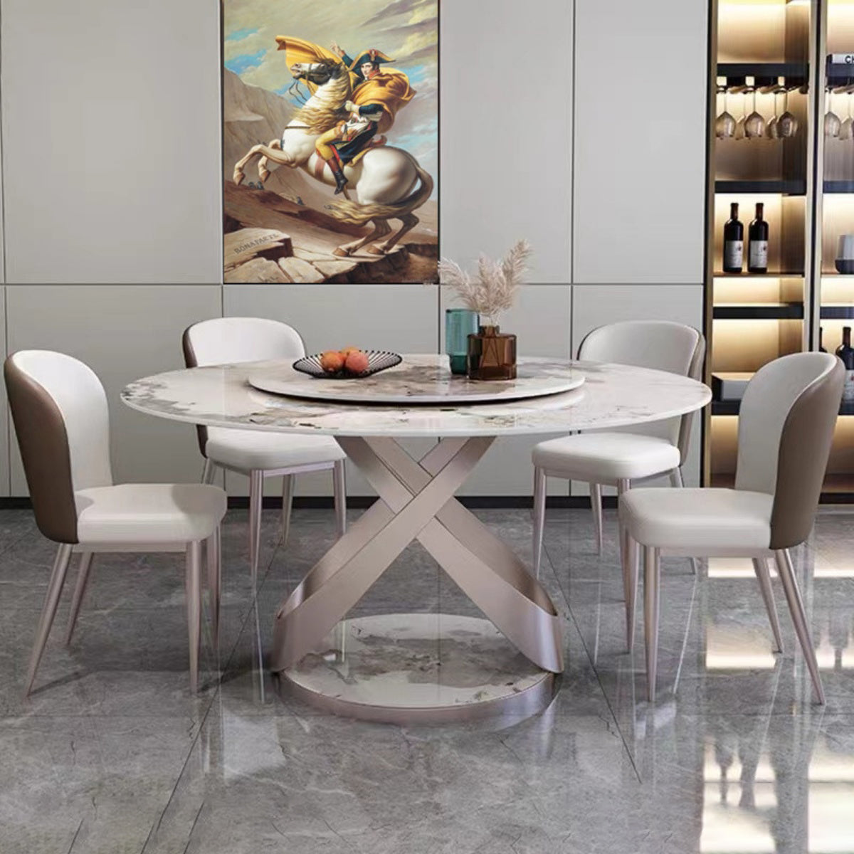 Modern 1/4/5 Pieces Dining Set Round Sintered Stone Dining Table for Dining Room 5 Pieces: Gold Table, 4 White Chairs Clearhalo 'Dining Room Sets' 'Dining Tables & Seating' 'dining_room_set' 'furn' 'furn_dining_room_set' 'Furniture' 'furniture_dining_room_set' 'Kitchen & Dining Furniture' 'kitchen&dining_furn' 'kitchen' 4665501