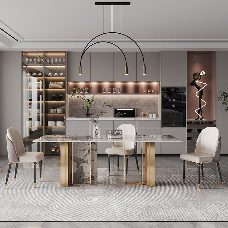 1/4/5/9 Pieces Rectangle Glam Furniture Stone Dining Table Set with Double Pedestal Base Clearhalo 'Dining Room Sets' 'Dining Tables & Seating' 'dining_room_set' 'furn' 'furn_dining_room_set' 'Furniture' 'furniture_dining_room_set' 'Kitchen & Dining Furniture' 'kitchen&dining_furn' 'kitchen' 4665619