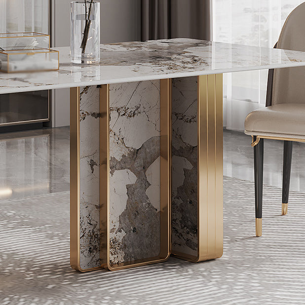 1/4/5/9 Pieces Rectangle Glam Furniture Stone Dining Table Set with Double Pedestal Base Clearhalo 'Dining Room Sets' 'Dining Tables & Seating' 'dining_room_set' 'furn' 'furn_dining_room_set' 'Furniture' 'furniture_dining_room_set' 'Kitchen & Dining Furniture' 'kitchen&dining_furn' 'kitchen' 4665625