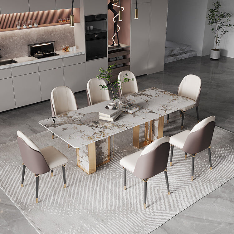 1/4/5/9 Pieces Rectangle Glam Furniture Stone Dining Table Set with Double Pedestal Base Clearhalo 'Dining Room Sets' 'Dining Tables & Seating' 'dining_room_set' 'furn' 'furn_dining_room_set' 'Furniture' 'furniture_dining_room_set' 'Kitchen & Dining Furniture' 'kitchen&dining_furn' 'kitchen' 4665627