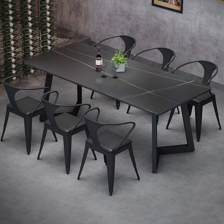 Industrial Style Dining Table Black Sintered Stone Dining Table with Metal Base Double Pedestal 63"L x 27.6"W x 29.5"H Without Chairs Clearhalo ' dining_table' 'Dining Tables & Seating' 'Dining Tables' 'furn' 'furn_dining_table' 'Furniture' 'furniture_dining_table' 'Kitchen & Dining Furniture' 'kitchen&dining_furn' 'kitchen' 'kitchen_dining_table' 4665884