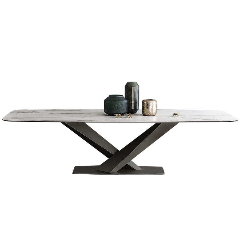 Sintered Stone Table for Restaurant Industrial Rectangle Dining Table Metal Pedestal White Without Chairs Clearhalo ' dining_table' 'Dining Tables & Seating' 'Dining Tables' 'furn' 'furn_dining_table' 'Furniture' 'furniture_dining_table' 'Kitchen & Dining Furniture' 'kitchen&dining_furn' 'kitchen' 'kitchen_dining_table' 4666011