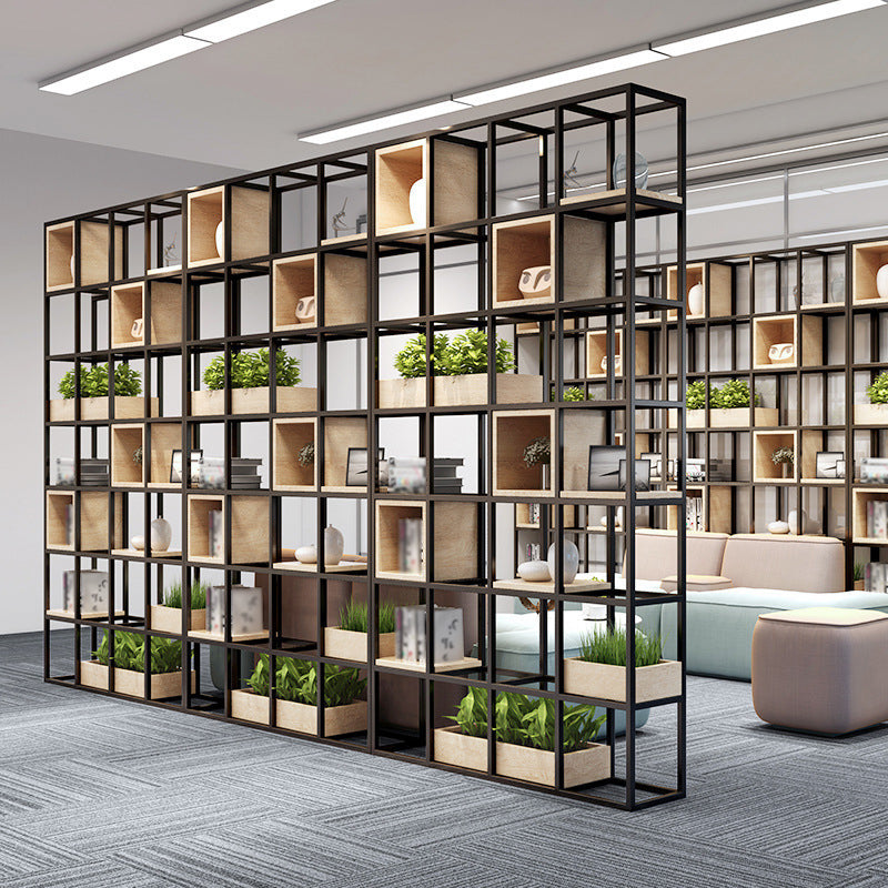 Modern Open Etagere Bookshelf with Black Iron Frame Pine Wood Shelf Clearhalo 'Bookcases' 'Furniture' 'furniture_bookcases' 'kitchen' 'kitchen_bookcases' 'Living Room Furniture' 'Office Furniture' 4669549