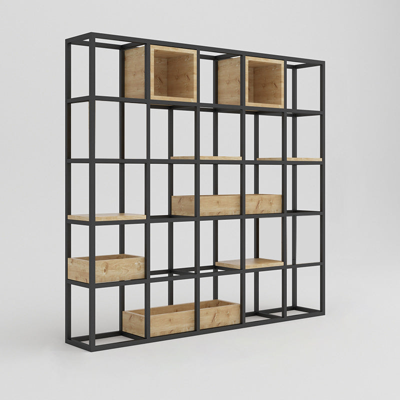 Modern Open Etagere Bookshelf with Black Iron Frame Pine Wood Shelf 59"L x 10"W x 59"H Clearhalo 'Bookcases' 'Furniture' 'furniture_bookcases' 'kitchen' 'kitchen_bookcases' 'Living Room Furniture' 'Office Furniture' 4669555