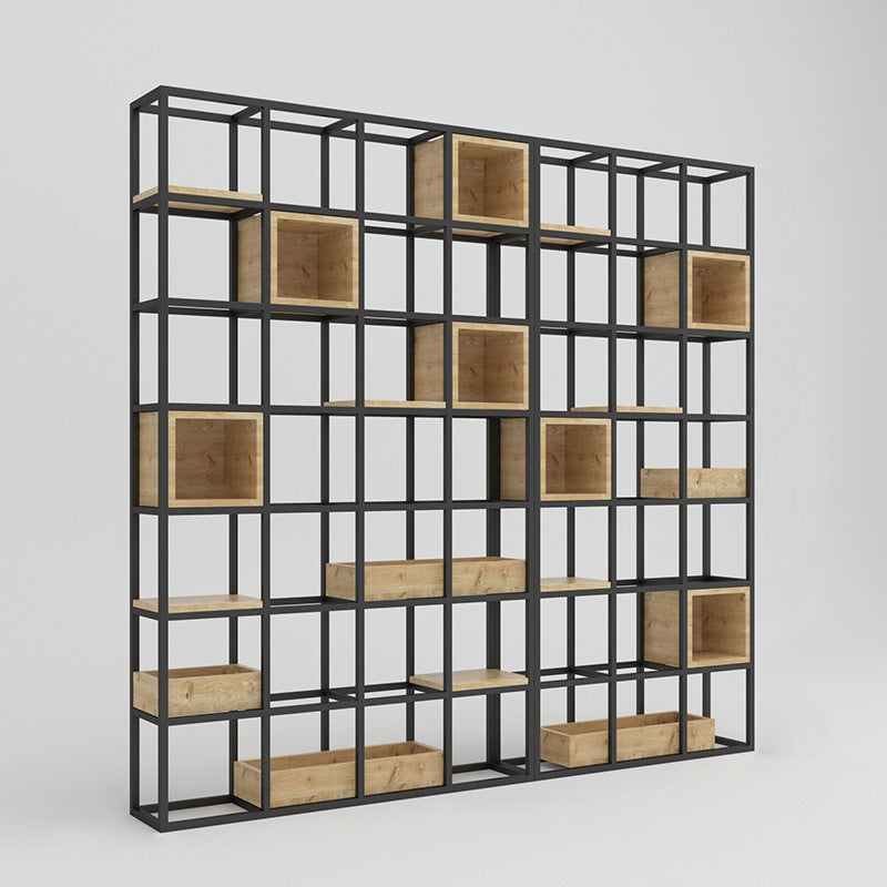 Modern Open Etagere Bookshelf with Black Iron Frame Pine Wood Shelf 82.7"L x 9.8"W x 82.7"H Clearhalo 'Bookcases' 'Furniture' 'furniture_bookcases' 'kitchen' 'kitchen_bookcases' 'Living Room Furniture' 'Office Furniture' 4669563