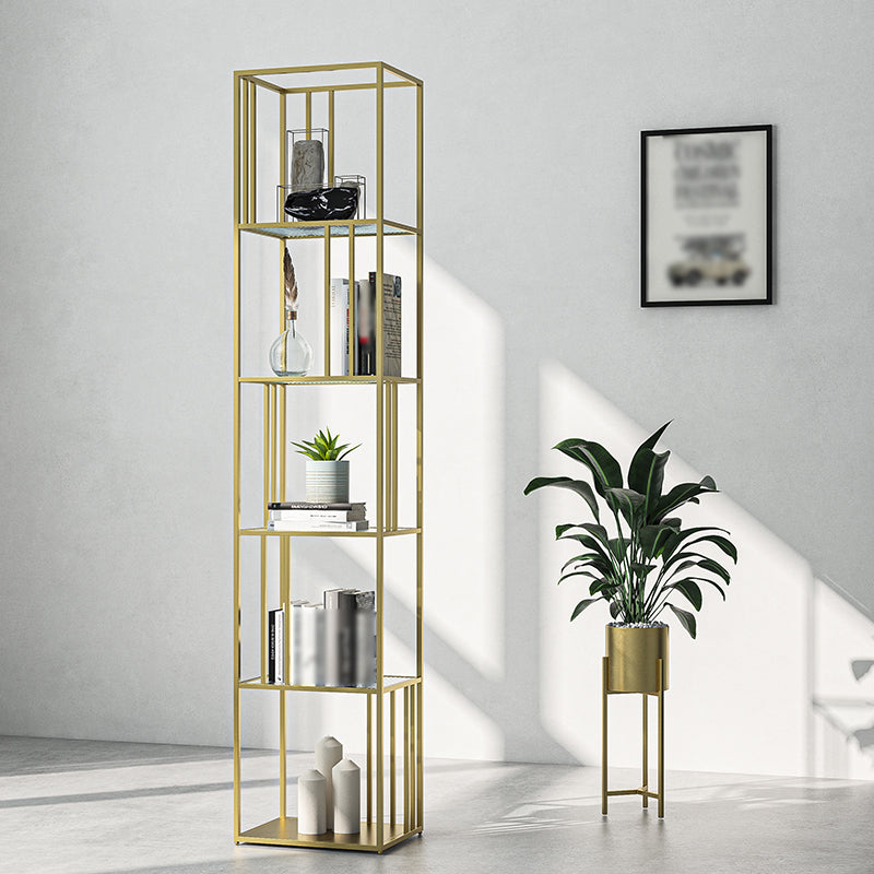 4-Shelf Modern Open Etagere Bookshelf with Iron Frame Glass Shelf Gold 15.7"L x 11.8"W x 78.7"H Clearhalo 'Bookcases' 'Furniture' 'furniture_bookcases' 'kitchen' 'kitchen_bookcases' 'Living Room Furniture' 'Office Furniture' 4669832