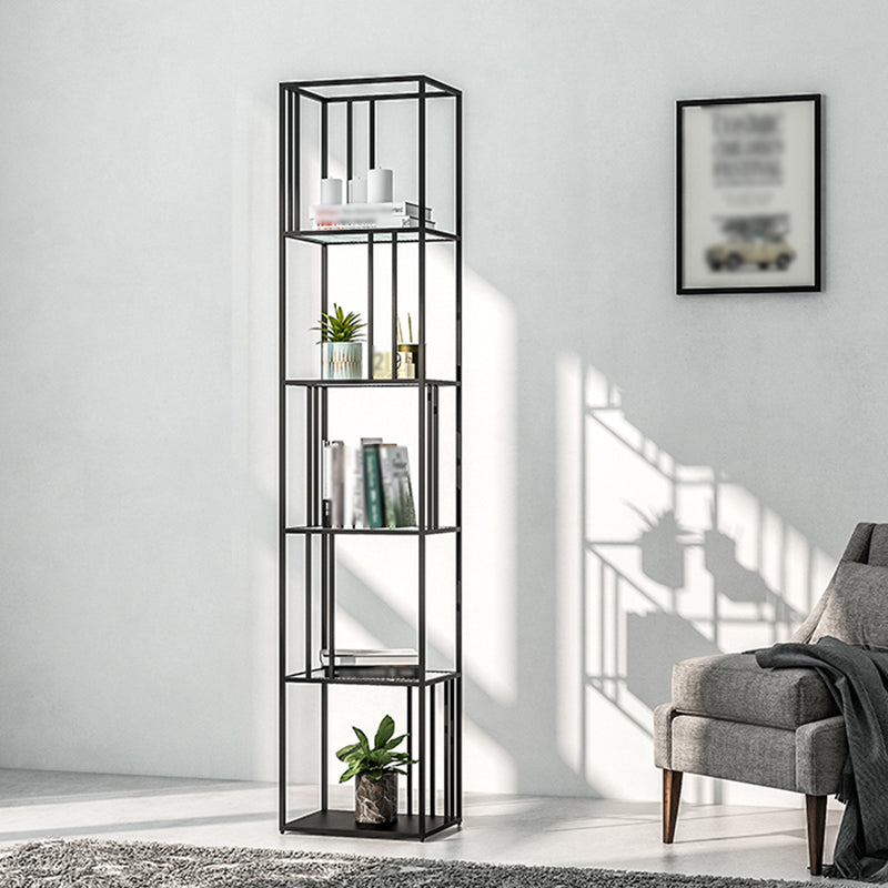 4-Shelf Modern Open Etagere Bookshelf with Iron Frame Glass Shelf Black 15.7"L x 11.8"W x 78.7"H Clearhalo 'Bookcases' 'Furniture' 'furniture_bookcases' 'kitchen' 'kitchen_bookcases' 'Living Room Furniture' 'Office Furniture' 4669833