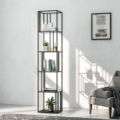 4-Shelf Modern Open Etagere Bookshelf with Iron Frame Glass Shelf Black 15.7"L x 11.8"W x 78.7"H Clearhalo 'Bookcases' 'Furniture' 'furniture_bookcases' 'kitchen' 'kitchen_bookcases' 'Living Room Furniture' 'Office Furniture' 4669833