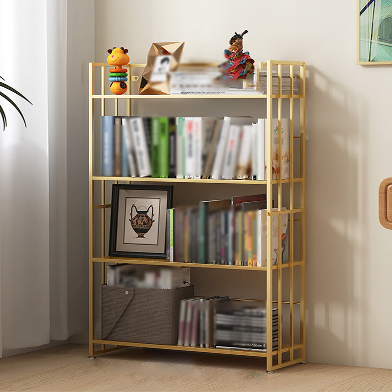Modern Style Metal Bookshelf Vertical Open Shelf Bookcase for Study Room 27.6"L x 9.8"W x 45.3"H Gold Clearhalo 'Bookcases' 'furn' 'furn_bookcases' 'Furniture' 'furniture_bookcases' 'kitchen' 'kitchen_bookcases' 'Living Room Furniture' 'Office Furniture' 4670115