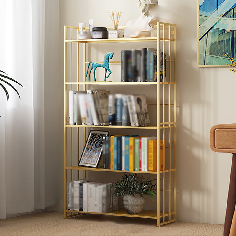 Modern Style Metal Bookshelf Vertical Open Shelf Bookcase for Study Room 27.6"L x 9.8"W x 57.5"H Gold Clearhalo 'Bookcases' 'furn' 'furn_bookcases' 'Furniture' 'furniture_bookcases' 'kitchen' 'kitchen_bookcases' 'Living Room Furniture' 'Office Furniture' 4670123