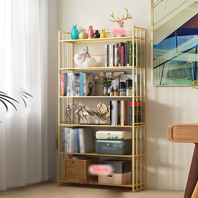 Modern Style Metal Bookshelf Vertical Open Shelf Bookcase for Study Room 27.6"L x 9.8"W x 70.1"H Gold Clearhalo 'Bookcases' 'furn' 'furn_bookcases' 'Furniture' 'furniture_bookcases' 'kitchen' 'kitchen_bookcases' 'Living Room Furniture' 'Office Furniture' 4670130