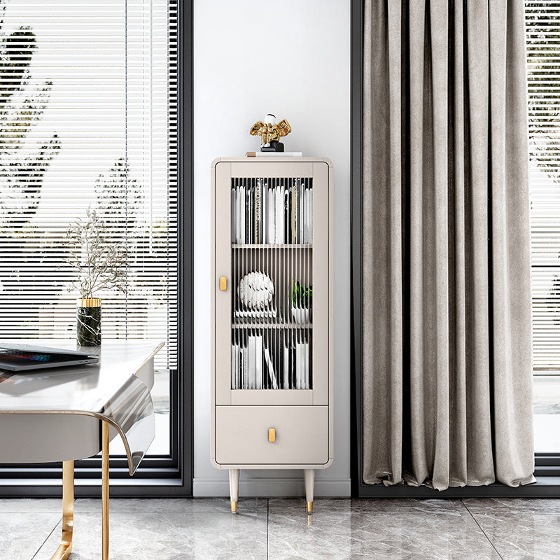 Modern Standard Bookcase Closed Back Bookshelf with Drawer and Door 18.9"L x 11.8"W x 55"H Gold Clearhalo 'Bookcases' 'furn' 'furn_bookcases' 'Furniture' 'furniture_bookcases' 'kitchen' 'kitchen_bookcases' 'Living Room Furniture' 'Office Furniture' 4670296