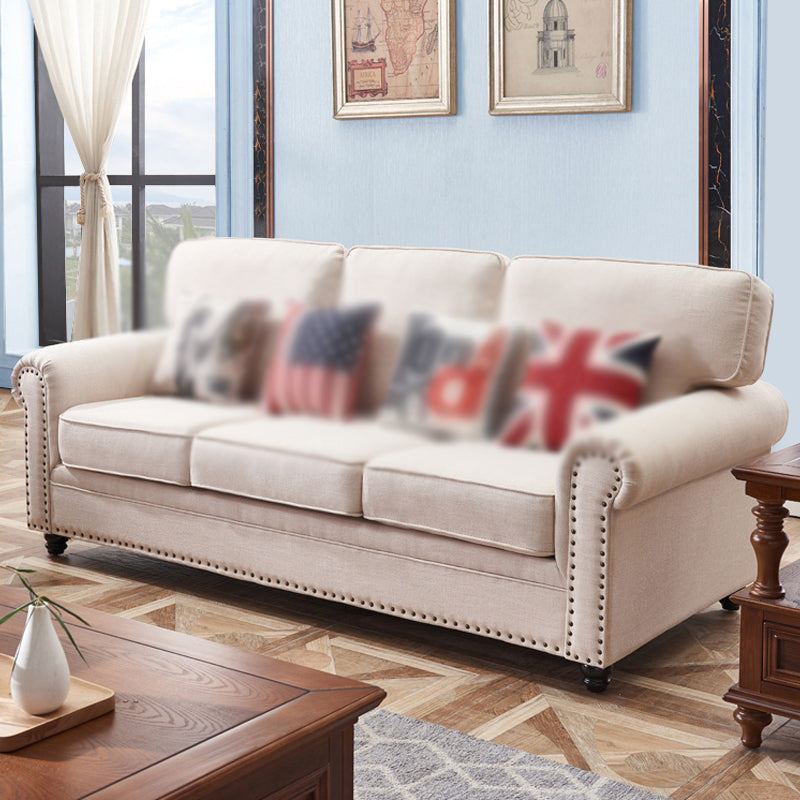 21.65"D Country Linen/Faux Leather Rolled Arm Sofa with Nailed 83"L x 35.5"W x 35.5"H Linen Blend Clearhalo 'furn' 'furn_sofas' 'Furniture' 'furniture_sofas' 'kitchen' 'kitchen_sofas' 'Living Room Furniture' 'Sofa' 'sofas' 4670882