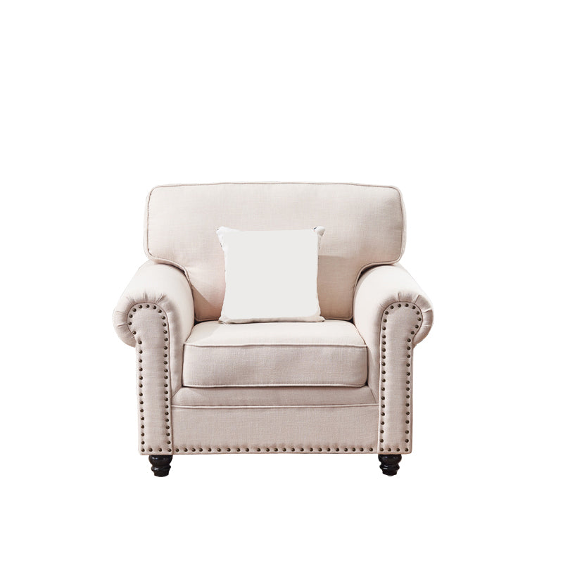 21.65"D Country Linen/Faux Leather Rolled Arm Sofa with Nailed 39"L x 35.5"W x 35.5"H Clearhalo 'furn' 'furn_sofas' 'Furniture' 'furniture_sofas' 'kitchen' 'kitchen_sofas' 'Living Room Furniture' 'Sofa' 'sofas' 4670884