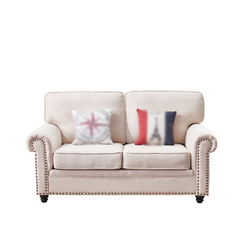 21.65"D Country Linen/Faux Leather Rolled Arm Sofa with Nailed 63"L x 35.5"W x 35.5"H Linen Blend Clearhalo 'furn' 'furn_sofas' 'Furniture' 'furniture_sofas' 'kitchen' 'kitchen_sofas' 'Living Room Furniture' 'Sofa' 'sofas' 4670885