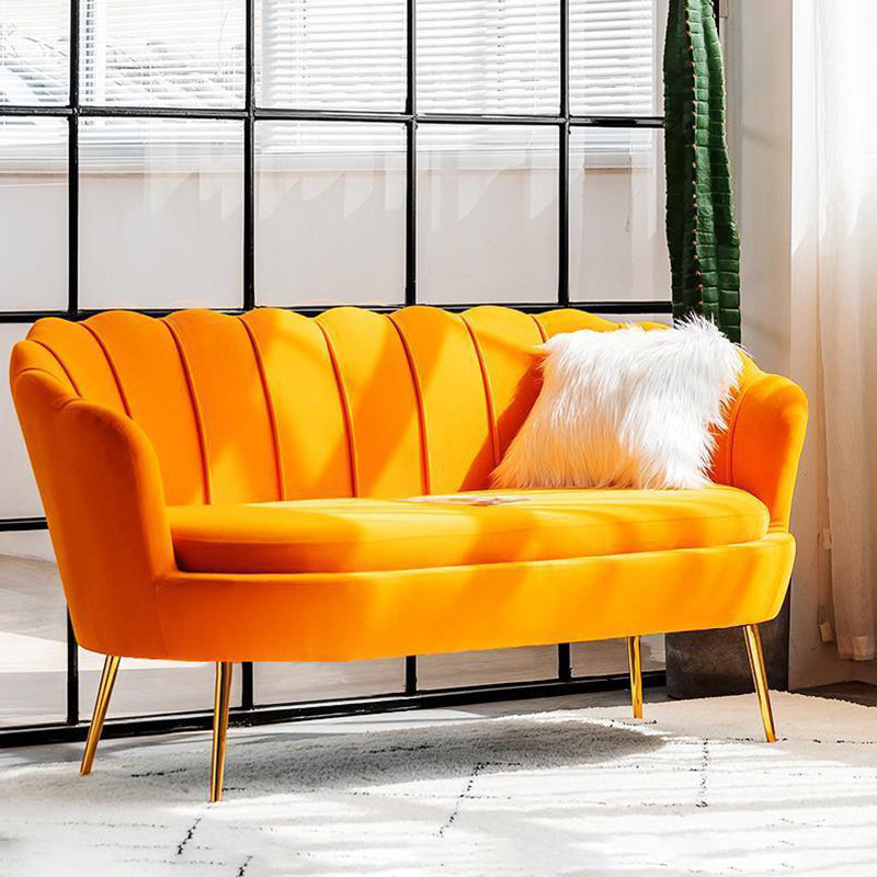 30.7"H Scandinavian Velvet/ Faux Leather Armless Curved Loveseat Sofa 59"L x 31"W x 29"H Orange Velvet Clearhalo 'furn' 'furn_sofas' 'Furniture' 'furniture_sofas' 'kitchen' 'kitchen_sofas' 'Living Room Furniture' 'Sofa' 'sofas' 4670971