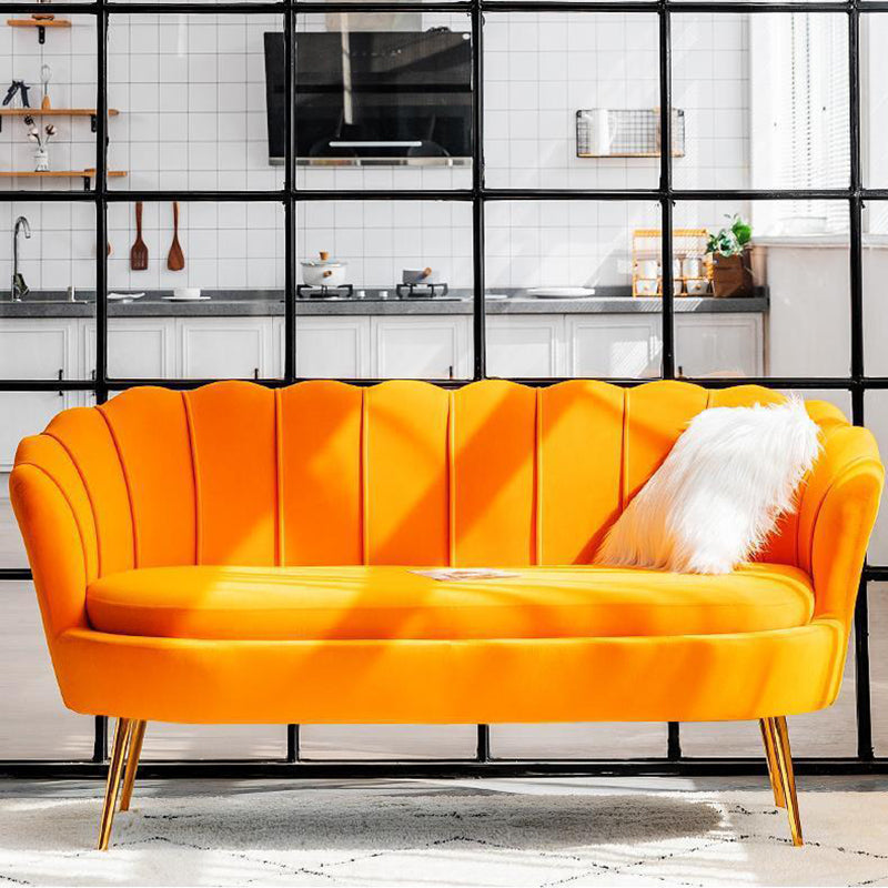 30.7"H Scandinavian Velvet/ Faux Leather Armless Curved Loveseat Sofa 40"L x 31"W x 29"H Orange Velvet Clearhalo 'furn' 'furn_sofas' 'Furniture' 'furniture_sofas' 'kitchen' 'kitchen_sofas' 'Living Room Furniture' 'Sofa' 'sofas' 4670980