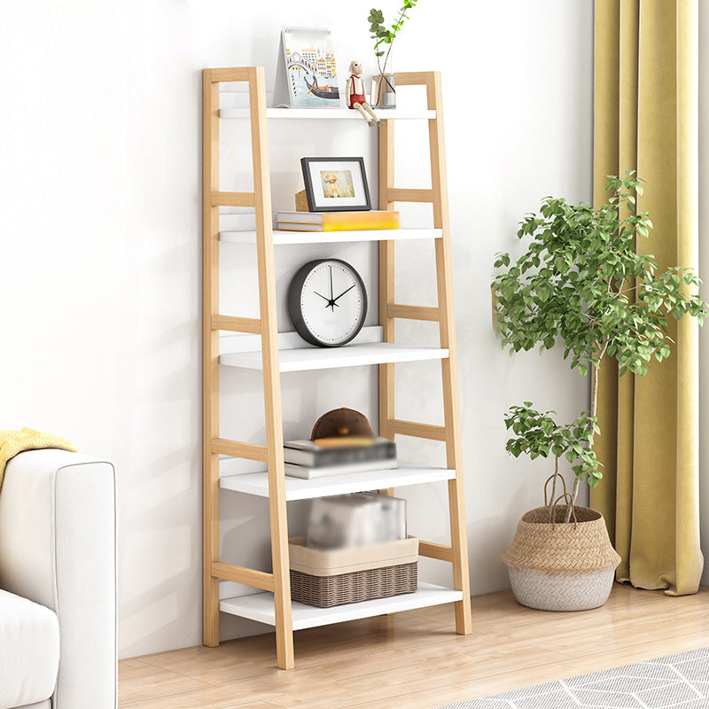 Contemporary Ladder Bookcase Wooden Open Back Bookshelf with Shelves for Home 19.7"L x 14.2"W x 62.6"H Natural Wood White Clearhalo 'Bookcases' 'furn' 'furn_bookcases' 'Furniture' 'furniture_bookcases' 'kitchen' 'kitchen_bookcases' 'Living Room Furniture' 'Office Furniture' 4673922