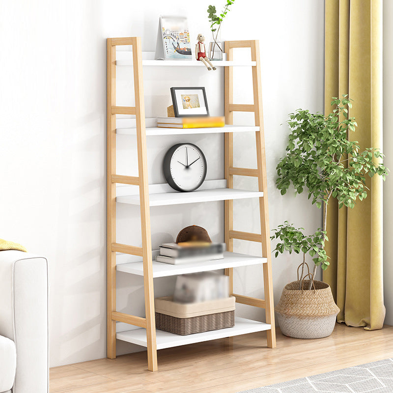 Contemporary Ladder Bookcase Wooden Open Back Bookshelf with Shelves for Home 27.6"L x 14.2"W x 62.6"H Natural Wood White Clearhalo 'Bookcases' 'furn' 'furn_bookcases' 'Furniture' 'furniture_bookcases' 'kitchen' 'kitchen_bookcases' 'Living Room Furniture' 'Office Furniture' 4673923