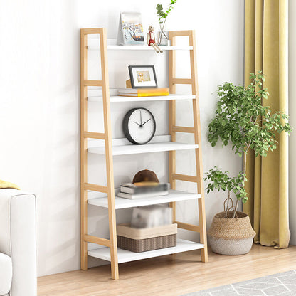 Contemporary Ladder Bookcase Wooden Open Back Bookshelf with Shelves for Home 27.6"L x 14.2"W x 62.6"H Natural Wood White Clearhalo 'Bookcases' 'furn' 'furn_bookcases' 'Furniture' 'furniture_bookcases' 'kitchen' 'kitchen_bookcases' 'Living Room Furniture' 'Office Furniture' 4673923