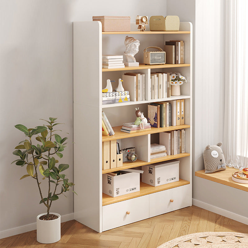 Modern Standard Bookcase Shelves Closed Back Bookshelf with Drawer in Engineered Wood 40.2"L x 9.4"W x 71.3"H Natural Wood White Clearhalo 'Bookcases' 'furn' 'furn_bookcases' 'Furniture' 'furniture_bookcases' 'kitchen' 'kitchen_bookcases' 'Living Room Furniture' 'Office Furniture' 4674004