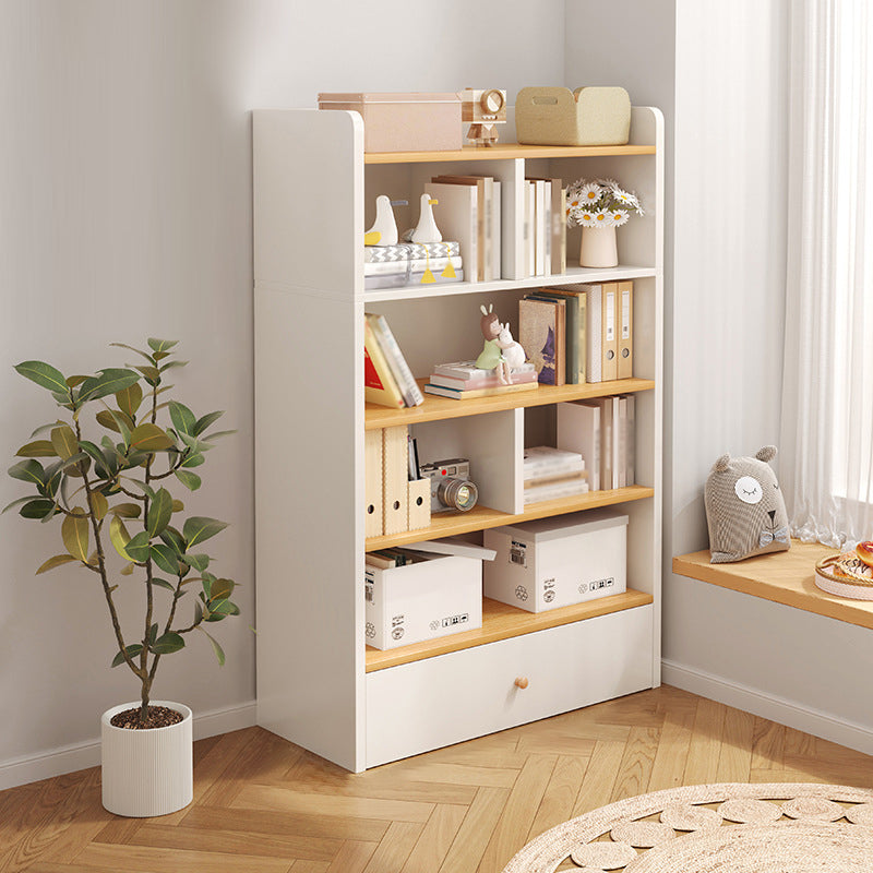 Modern Standard Bookcase Shelves Closed Back Bookshelf with Drawer in Engineered Wood 32.3"L x 9.4"W x 59.4"H Natural Wood White Clearhalo 'Bookcases' 'furn' 'furn_bookcases' 'Furniture' 'furniture_bookcases' 'kitchen' 'kitchen_bookcases' 'Living Room Furniture' 'Office Furniture' 4674009