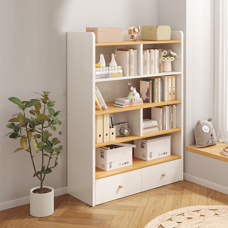 Modern Standard Bookcase Shelves Closed Back Bookshelf with Drawer in Engineered Wood 40.2"L x 9.4"W x 59.4"H Natural Wood White Clearhalo 'Bookcases' 'furn' 'furn_bookcases' 'Furniture' 'furniture_bookcases' 'kitchen' 'kitchen_bookcases' 'Living Room Furniture' 'Office Furniture' 4674011
