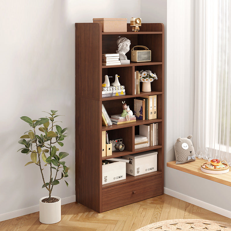 Modern Standard Bookcase Shelves Closed Back Bookshelf with Drawer in Engineered Wood 24.4"L x 9.4"W x 71.3"H Brown Clearhalo 'Bookcases' 'furn' 'furn_bookcases' 'Furniture' 'furniture_bookcases' 'kitchen' 'kitchen_bookcases' 'Living Room Furniture' 'Office Furniture' 4674020