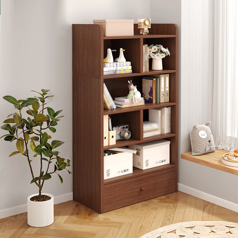 Modern Standard Bookcase Shelves Closed Back Bookshelf with Drawer in Engineered Wood 24.4"L x 9.4"W x 59.4"H Brown Clearhalo 'Bookcases' 'furn' 'furn_bookcases' 'Furniture' 'furniture_bookcases' 'kitchen' 'kitchen_bookcases' 'Living Room Furniture' 'Office Furniture' 4674024