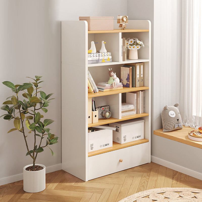 Modern Standard Bookcase Shelves Closed Back Bookshelf with Drawer in Engineered Wood 24.4"L x 9.4"W x 59.4"H Natural Wood White Clearhalo 'Bookcases' 'furn' 'furn_bookcases' 'Furniture' 'furniture_bookcases' 'kitchen' 'kitchen_bookcases' 'Living Room Furniture' 'Office Furniture' 4674025