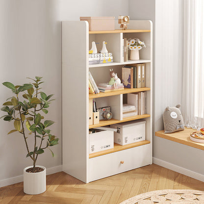 Modern Standard Bookcase Shelves Closed Back Bookshelf with Drawer in Engineered Wood 24.4"L x 9.4"W x 59.4"H Natural Wood White Clearhalo 'Bookcases' 'furn' 'furn_bookcases' 'Furniture' 'furniture_bookcases' 'kitchen' 'kitchen_bookcases' 'Living Room Furniture' 'Office Furniture' 4674025