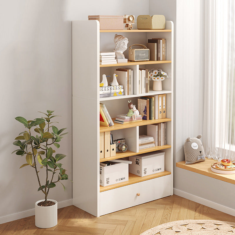 Modern Standard Bookcase Shelves Closed Back Bookshelf with Drawer in Engineered Wood 32.3"L x 9.4"W x 71.3"H Natural Wood White Clearhalo 'Bookcases' 'furn' 'furn_bookcases' 'Furniture' 'furniture_bookcases' 'kitchen' 'kitchen_bookcases' 'Living Room Furniture' 'Office Furniture' 4674026