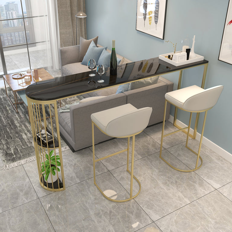 Marble Bistro Table with Specialty Table Top Double Pedestal Table - 41.3" H Gold-Black Without Chairs Clearhalo 'Bar Furniture' 'Bar Tables' 'bar_tables' 'furn' 'furn_bar_tables' 'Furniture' 'furniture_bar_tables' 'Kitchen & Dining Furniture' 4678851