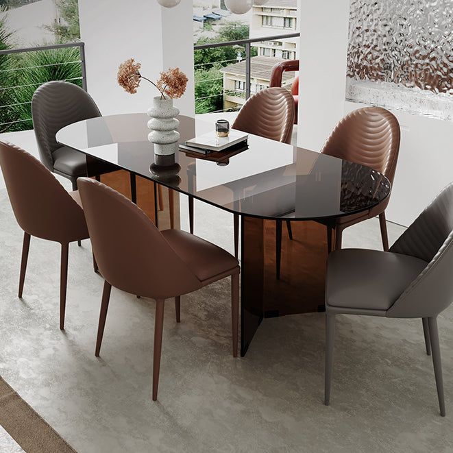 Clear Glass Contemporary Oval Table Glass Top Table with Double Pedestal Brown 55.1"L x 29.5"W x 29.5"H Without Chairs Clearhalo ' dining_table' 'Dining Tables & Seating' 'Dining Tables' 'furn' 'furn_dining_table' 'Furniture' 'furniture_dining_table' 'Kitchen & Dining Furniture' 'kitchen&dining_furn' 'kitchen' 'kitchen_dining_table' 4680042