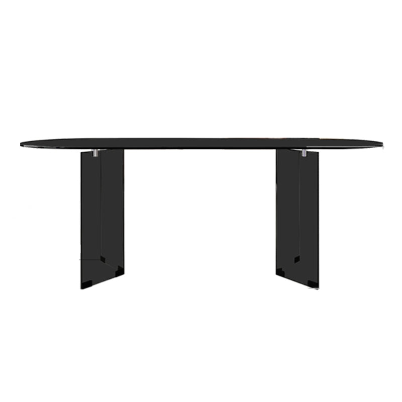 Clear Glass Contemporary Oval Table Glass Top Table with Double Pedestal Black Without Chairs Clearhalo ' dining_table' 'Dining Tables & Seating' 'Dining Tables' 'furn' 'furn_dining_table' 'Furniture' 'furniture_dining_table' 'Kitchen & Dining Furniture' 'kitchen&dining_furn' 'kitchen' 'kitchen_dining_table' 4680044