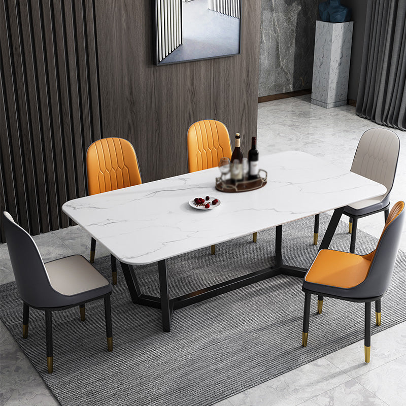 Sintered Stone Top Modern Table for Restaurant Oval Dining Table with Trestle Base White 55.1"L x 31.5"W x 29.5"H Without Chairs Clearhalo ' dining_table' 'Dining Tables & Seating' 'Dining Tables' 'furn' 'furn_dining_table' 'Furniture' 'furniture_dining_table' 'Kitchen & Dining Furniture' 'kitchen&dining_furn' 'kitchen' 'kitchen_dining_table' 4680138