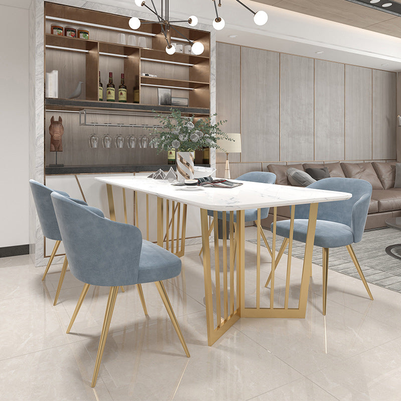 Glam Style 1/4/5 Pieces Dining Set White-gold Table Kitchen Set for Living Room 5 Pieces: Table, 4 Light Blue Chairs Clearhalo 'Dining Room Sets' 'Dining Tables & Seating' 'dining_room_set' 'furn' 'furn_dining_room_set' 'Furniture' 'furniture_dining_room_set' 'Kitchen & Dining Furniture' 'kitchen&dining_furn' 'kitchen' 4684294